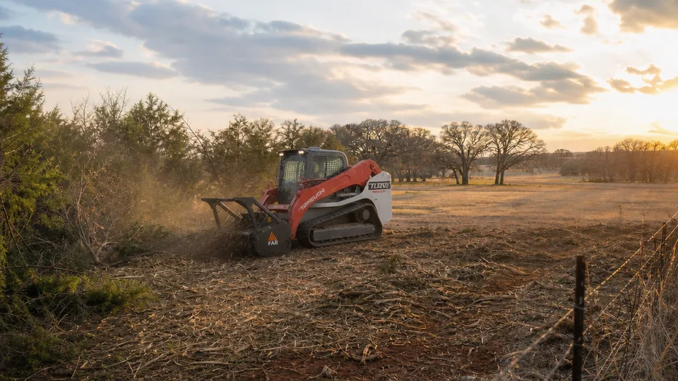Forestry mulcher working a Parker County pasture at golden hour