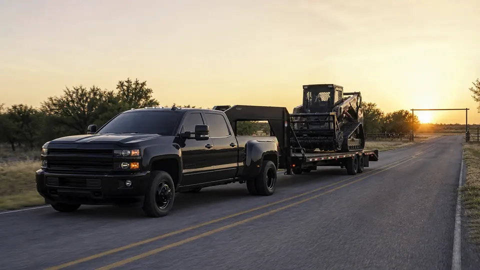 Pickup and trailer hauling a forestry mulcher down a Texas farm road at sunrise